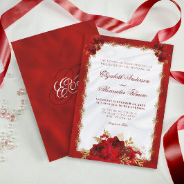 Invitación Elegantes Rosas Red Gold Boda Floral