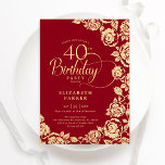Invitación Elegantes Rosas Red Gold de 40 años<br><div class="desc">Invitación a la fiesta de cumpleaños 40 de la floral dorada roja. Diseño elegante con rosas, Relieve metalizado de oro falso y tipografía tipo guión. La carta de invitación a la moda es perfecta para una elegante celebración de cumpleaños femenina. Se puede personalizar a cualquier edad. Personaliza con tus propios...</div>