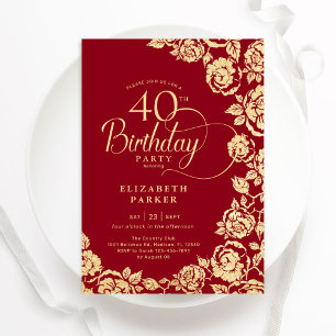 Invitación Elegantes Rosas Red Gold de 40 años