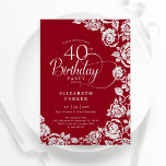Invitación Elegantes Rosas Red Silver 40 de cumpleaños<br><div class="desc">Invitación a la fiesta de cumpleaños 40 de color rojo plateado floral. Diseño elegante con rosas, Relieve metalizado falso plateado y tipo de letra de guión de tipografía. La carta de invitación a la moda es perfecta para una elegante celebración de cumpleaños femenina. Se puede personalizar a cualquier edad. Personaliza...</div>