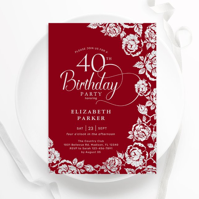 Invitación Elegantes Rosas Red Silver 40 de cumpleaños (Subido por el creador)