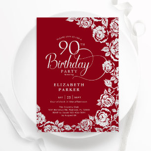 Invitación Elegantes Rosas Red Silver de cumpleaños 90