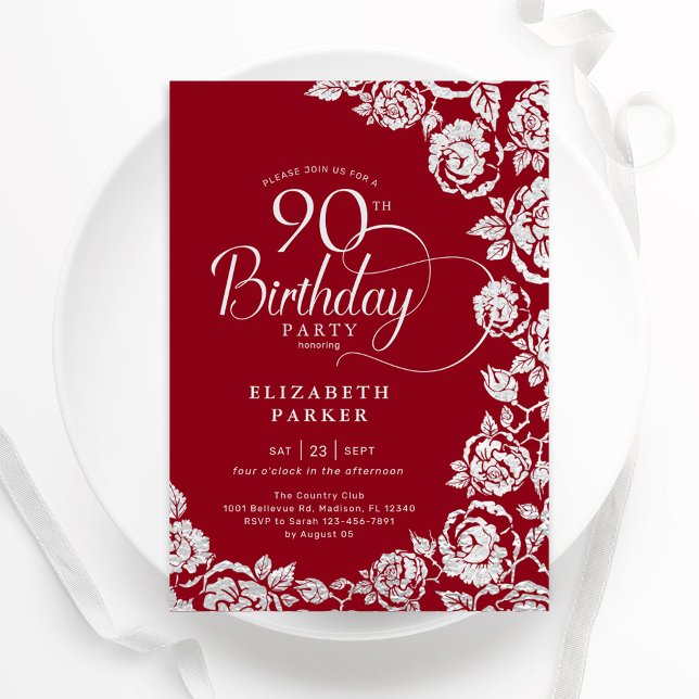 Invitación Elegantes Rosas Red Silver de cumpleaños 90 (Subido por el creador)