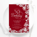 Invitación Elegantes Rosas Red Silver de cumpleaños número 50<br><div class="desc">Invitación a la fiesta de cumpleaños número 50 con flores de plata roja. Diseño elegante con rosas, Relieve metalizado de oro falso y tipografía tipo guión. La carta de invitación a la moda es perfecta para una elegante celebración de cumpleaños femenina. Se puede personalizar a cualquier edad. Personaliza con tus...</div>