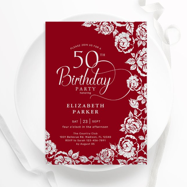Invitación Elegantes Rosas Red Silver de cumpleaños número 50 (Subido por el creador)