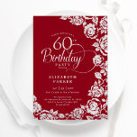 Invitación Elegantes Rosas Red Silver de cumpleaños número 60<br><div class="desc">Invitación floral de plata roja a la fiesta de cumpleaños número 60. Diseño elegante con rosas, Relieve metalizado falso plateado y tipo de letra de guión de tipografía. La carta de invitación a la moda es perfecta para una elegante celebración de cumpleaños femenina. Se puede personalizar a cualquier edad. Personaliza...</div>