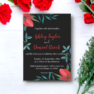 Invitación Elegantes rosas rojas caen Boda floral negro