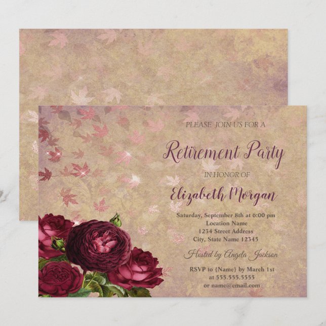 Invitación Elegantes rosas rojas cayendo deja la jubilación (Anverso / Reverso)