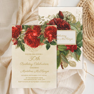 Invitación Elegantes Rosas Rojas Champagne Cumpleaños 30