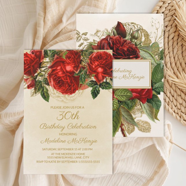 Invitación Elegantes Rosas Rojas Champagne Cumpleaños 30 (Elegant red roses on cream 30th birthday party invitation)