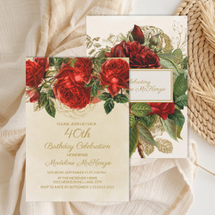 Invitación Elegantes Rosas Rojas Champagne Cumpleaños 40