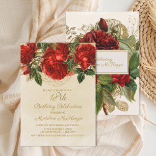 Invitación Elegantes Rosas Rojas Champán Cumpleaños 18