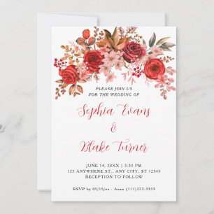 Invitación Elegantes Rosas Rojas Floral Boda Blanca