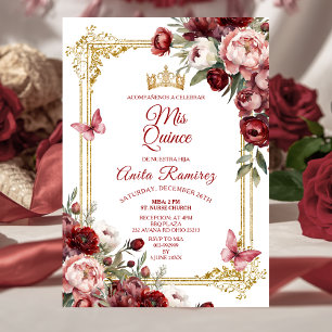 Invitación Elegantes Rosas Rojas Mariposa Quinceañera Mexican