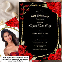 Invitación Elegantes Rosas Rojas Negras y Doradas Cumpleaños 