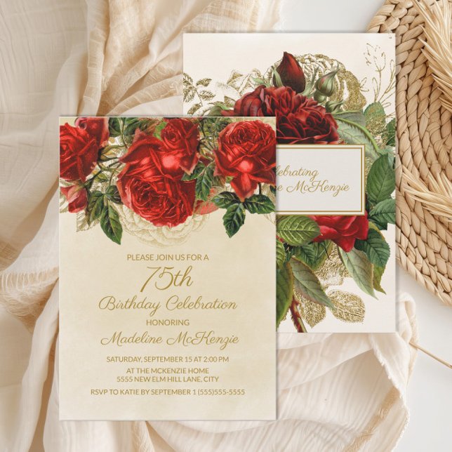 Invitación Elegantes Rosas Rojas Vintage Cumpleaños 75 (Elegant vintage red roses on cream 75th birthday party invitation)