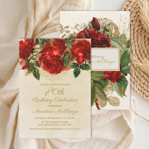 Invitación Elegantes Rosas Rojas Vintage Cumpleaños 80