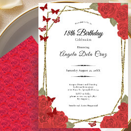 Invitación Elegantes Rosas Rojas y Doradas Debut Cumpleaños 1