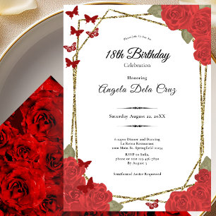 Invitación Elegantes Rosas Rojas y Doradas Debut Cumpleaños 1