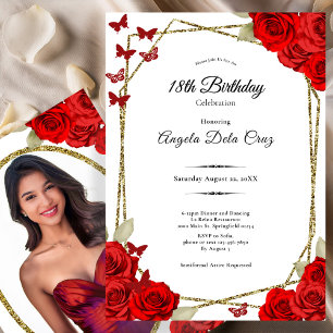 Invitación Elegantes Rosas Rojas y Doradas Debut de 18 Cumple