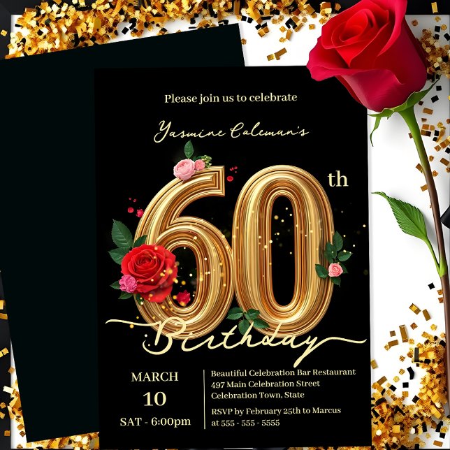 Invitación Elegantes rosas rojas y oro número 60 cumpleaños (Subido por el creador)