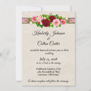 Invitación Elegantes rosas rojas y rosadas con Boda de oro