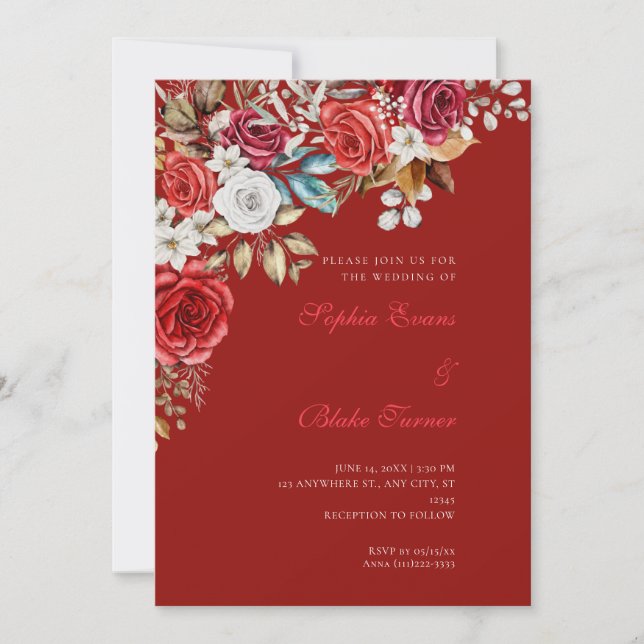Invitación Elegantes Rosas rojos y blancos Boda rojo escarlat (Anverso)