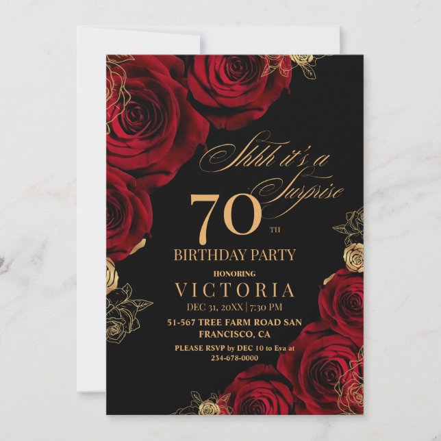 Invitación Elegantes Rosas rojos y negros 70 años (Anverso)