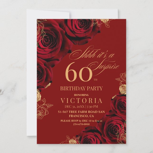 Invitación Elegantes Rosas Rojos y Oro 60 cumpleaños (Anverso)