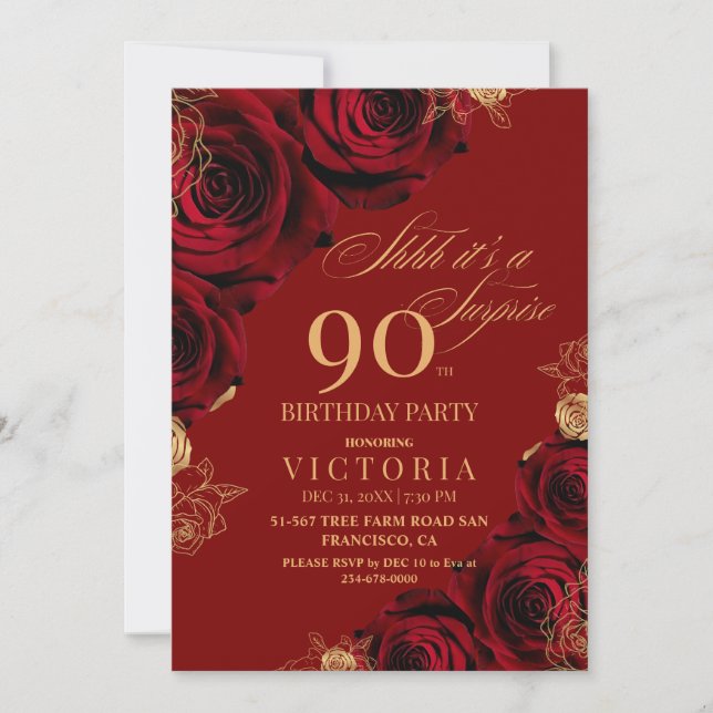 Invitación Elegantes Rosas Rojos y Oro Floral 90 cumpleaños (Anverso)