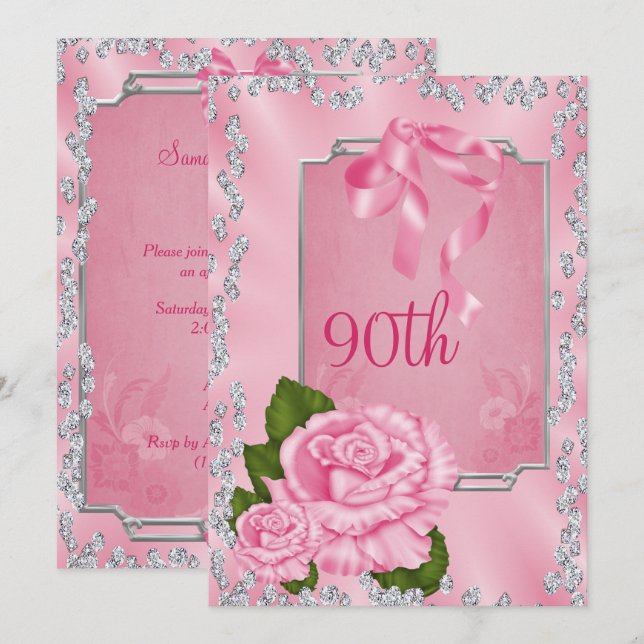 Invitación Elegantes Rosas Románticas y Lazos 90 (Anverso / Reverso)