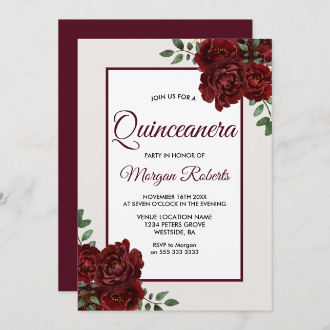 Invitación Elegantes Rosas románticos de Borgoña Quinceanera (Anverso / Reverso)