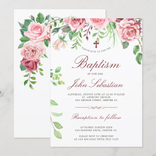 Invitación Elegantes Rosas Rosadas Jardín Bautizo Acuarela