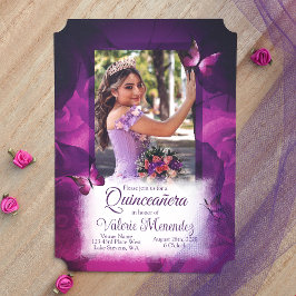 Invitación Elegantes rosas rosadas violetas, mariposas Quince