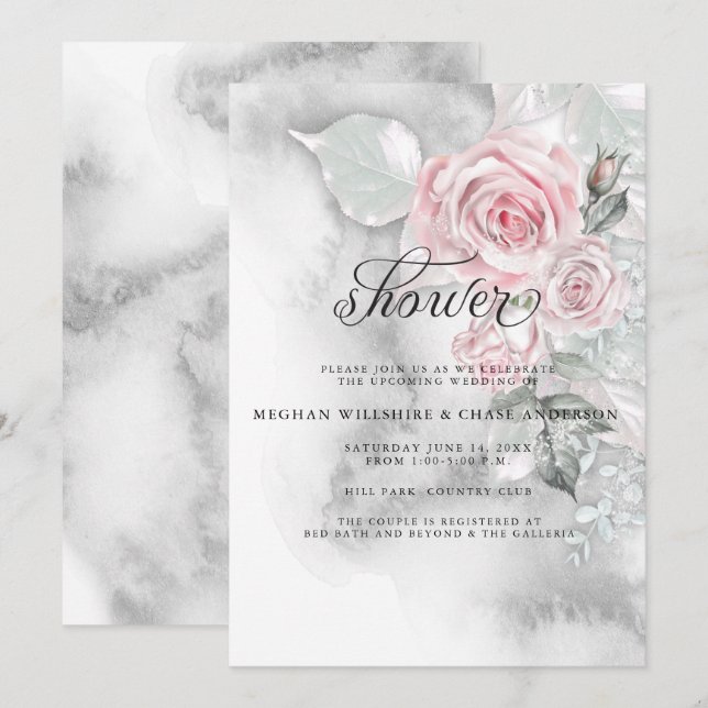 Invitación Elegantes rosas rosadas y acuarela gris (Anverso / Reverso)