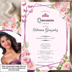 Invitación Elegantes Rosas Rosadas y Corona Quinceañera