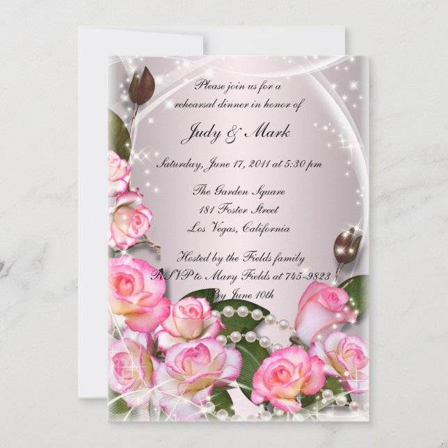Invitación Elegantes Rosas Rosadas Y Perlas Cena De Ensayos (Anverso)