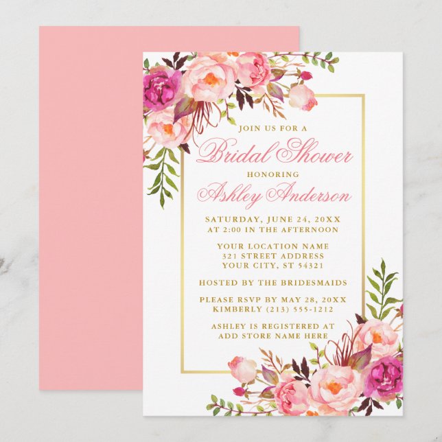 Invitación Elegantes Rosas rosados de Rubor Bridal Shower Gol (Anverso / Reverso)
