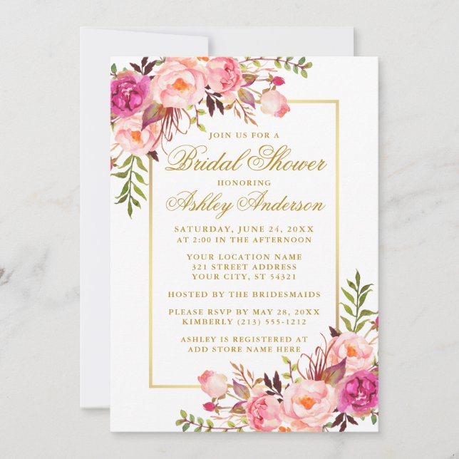 Invitación Elegantes Rosas rosados de Rubor Bridal Shower Gol (Anverso)