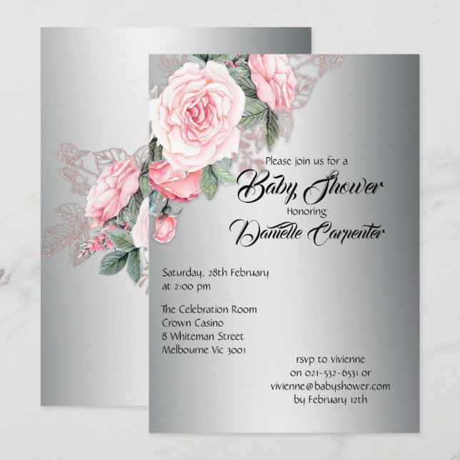 Invitación Elegantes rosas rosas en Baby Shower plateado (Anverso / Reverso)
