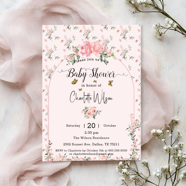 Invitación Elegantes rosas rosas rosas con Baby Shower maripo (Subido por el creador)