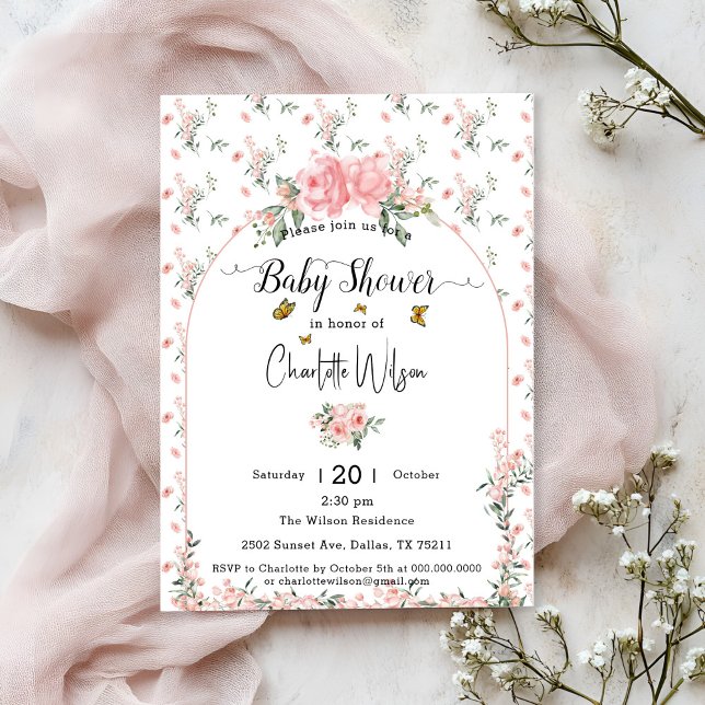 Invitación Elegantes rosas rosas rosas con Baby Shower maripo (Subido por el creador)