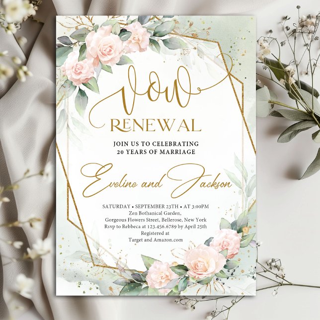 Invitación Elegantes rosas rosas rosas rubias y verde promete (Elegant pale pink delicate roses vow renewal invitation digital)