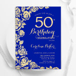 Invitación Elegantes Rosas Royal Blue Gold 50 cumpleaños<br><div class="desc">Invitación a la fiesta de cumpleaños número 50 de Royal Blue Gold Floral. Diseño elegante con rosas, Relieve metalizado de oro falso y tipografía tipo guión. La carta de invitación a la moda es perfecta para una elegante celebración de cumpleaños femenina. Se puede personalizar a cualquier edad. Invitaciones Zazzle impresas...</div>