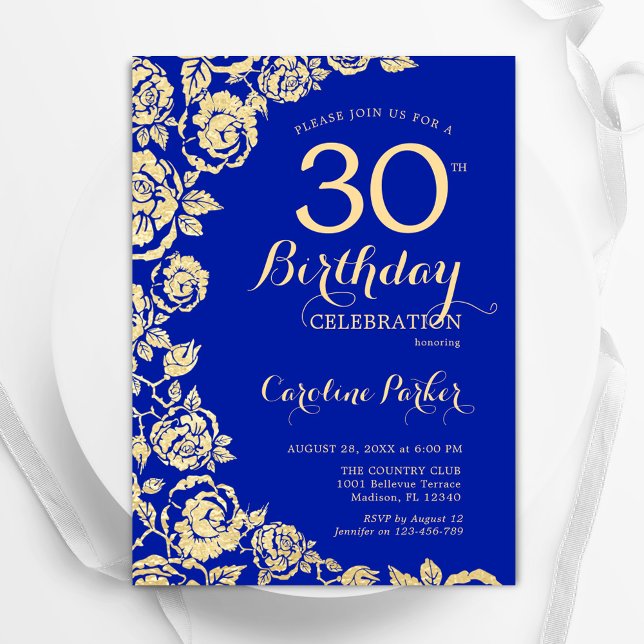 Invitación Elegantes Rosas Royal Blue Gold por 30 años (Subido por el creador)