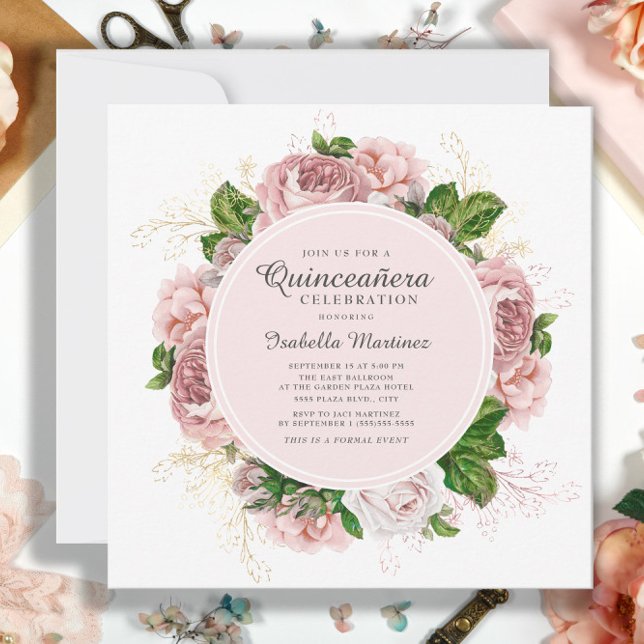 Invitación Elegantes Rosas Rubor Floral Rosa Blanco Quinceañe (Elegant pink vintage roses Quinceañera invitation)