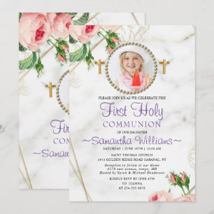Invitación Elegantes rosas Rubor Marble Primera Comunión