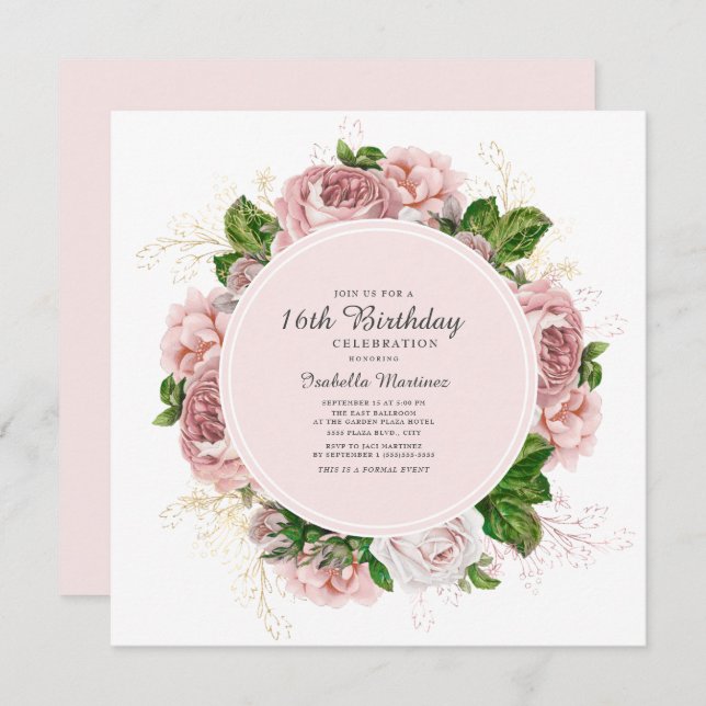 Invitación Elegantes Rosas Rubor Pink Floral 16 cumpleaños (Anverso / Reverso)