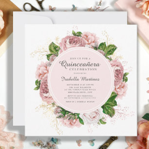 Invitación Elegantes Rosas Rubor Rosa Floral Blanca Quinceañe