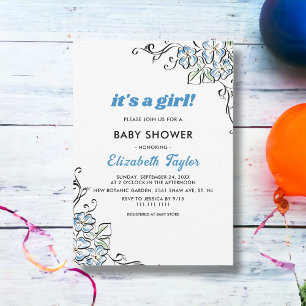 Invitación Elegantes Rosas Rústicos Azules Chica Floral Baby